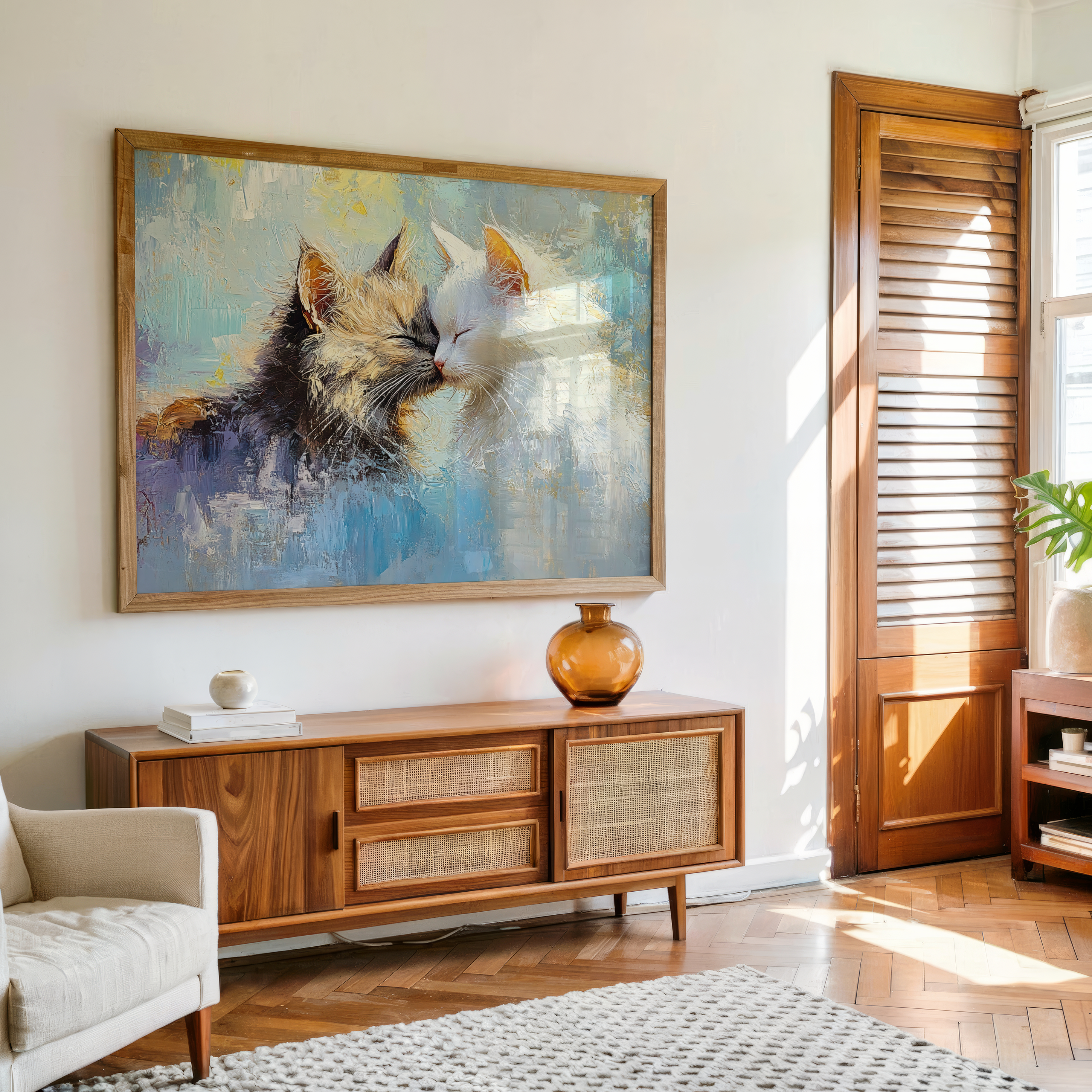 Romantic pastel artwork of two kittens touching noses with textured brush strokes, ideal for cozy home decor