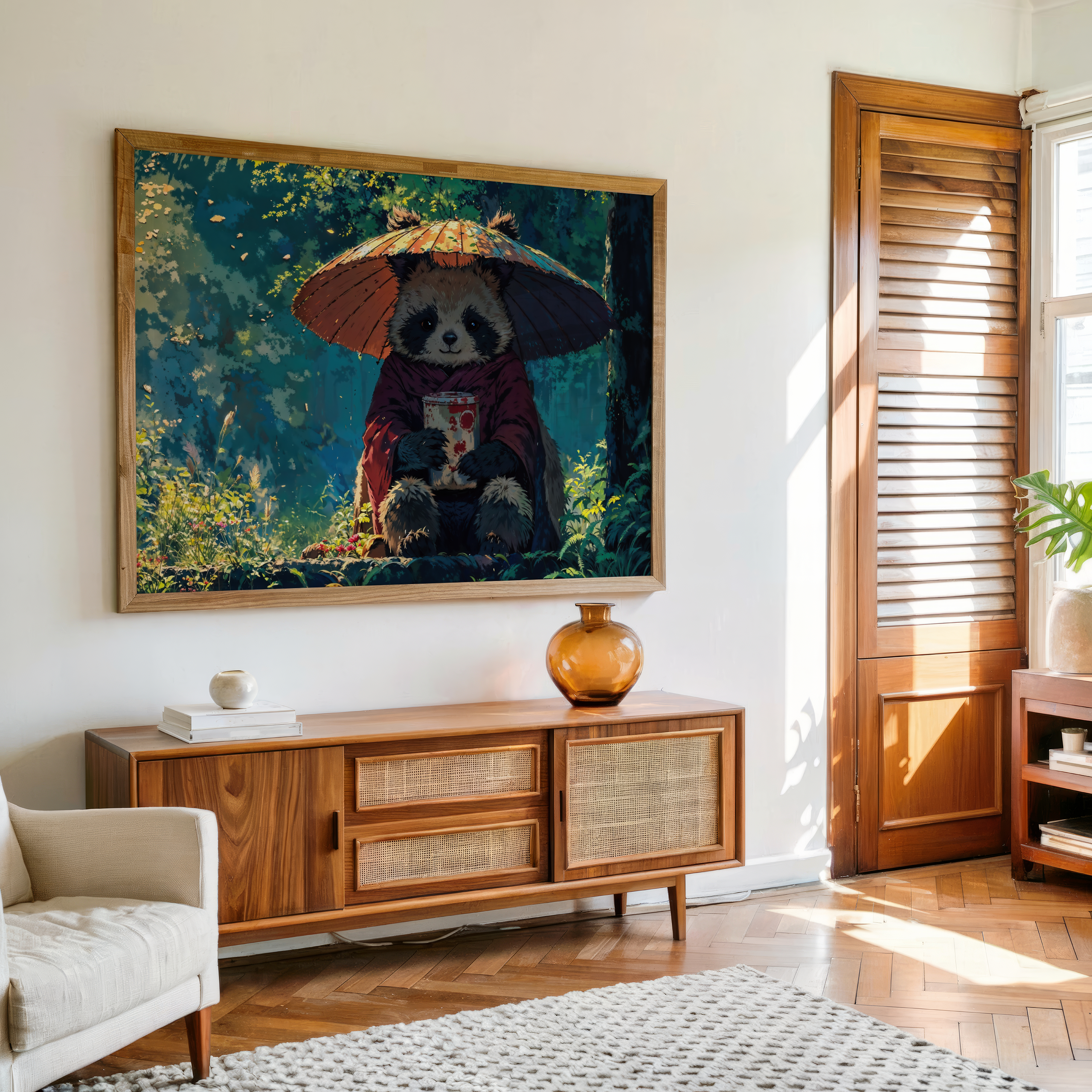 Panda sitting in forest holding tea under umbrella in whimsical style