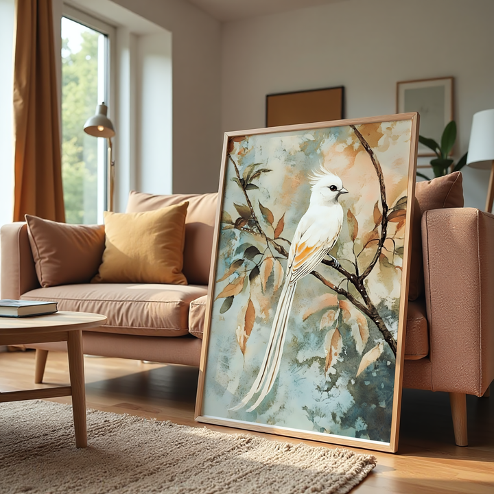 White bird watercolor wall art canvas print with soft autumn leaves background
