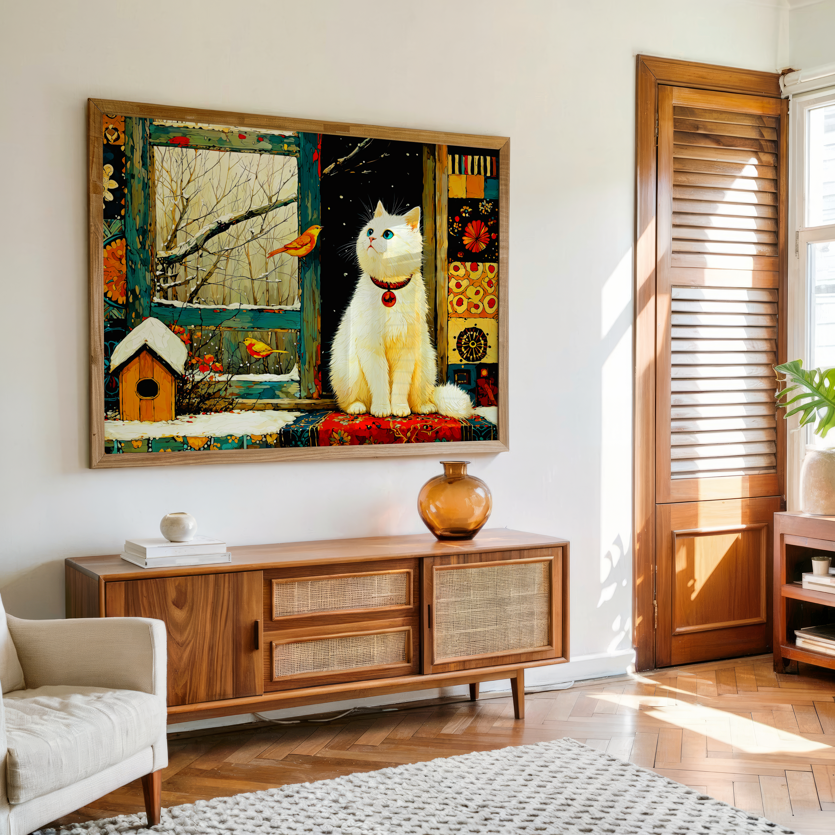 Living room with a wooden cabinet, white armchair, and a colorful painting of a cat on the wall.