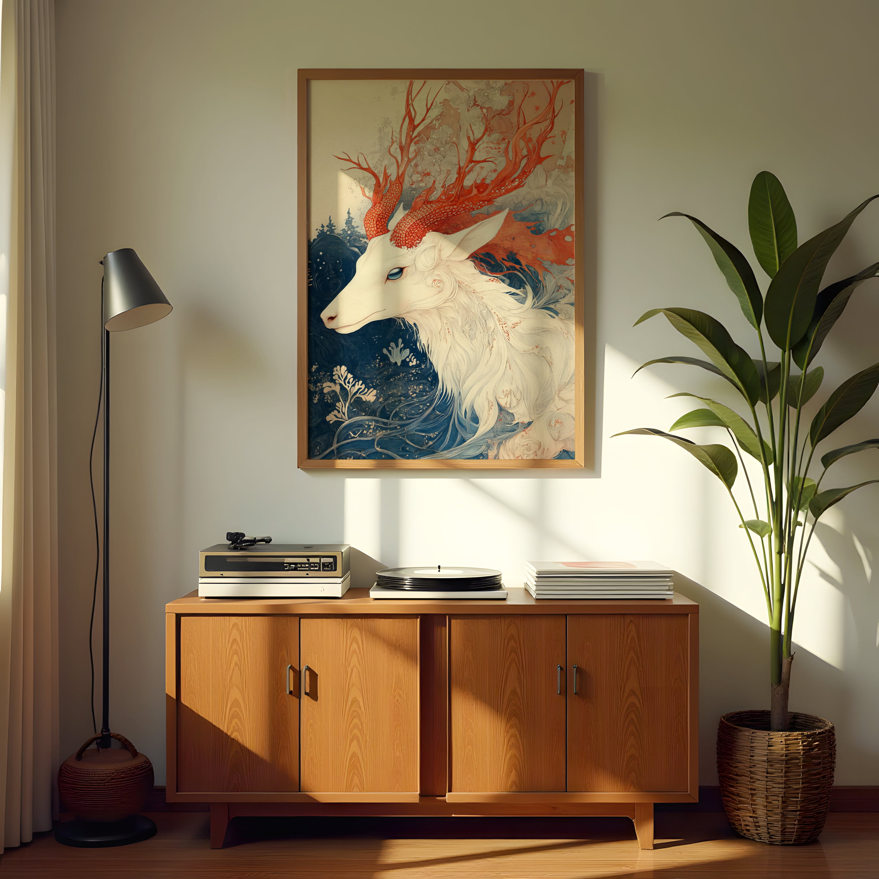 White deer with crimson red antlers modern canvas wall art