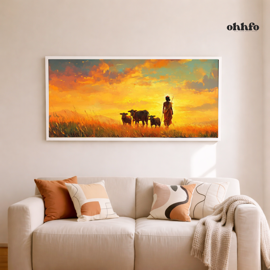 Lord Krishna with Cows at Sunset Canvas Wall Art