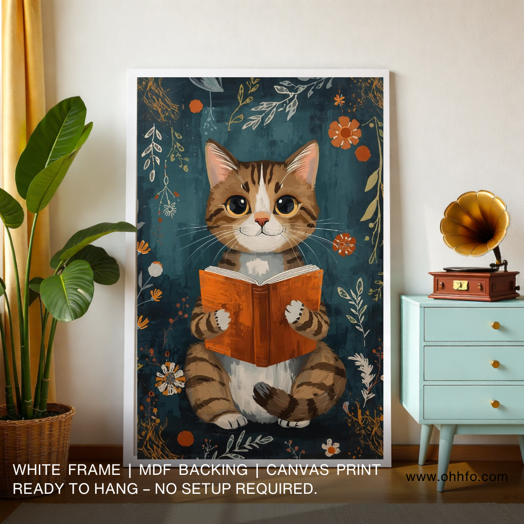 Boho Cat Reading Book Canvas Painting – Cozy Wall Art