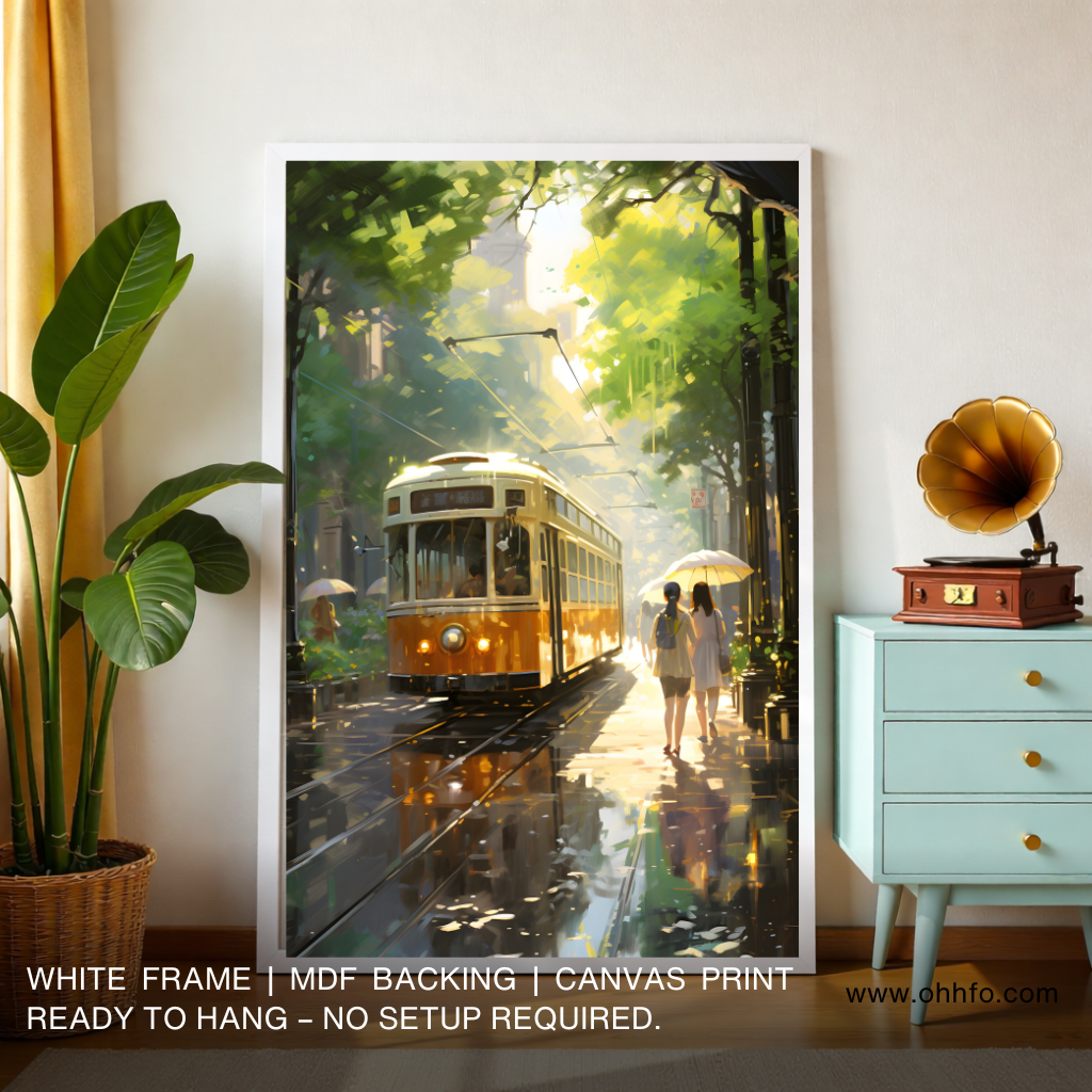 Tram Street Canvas Wall Art – City Evening Painting