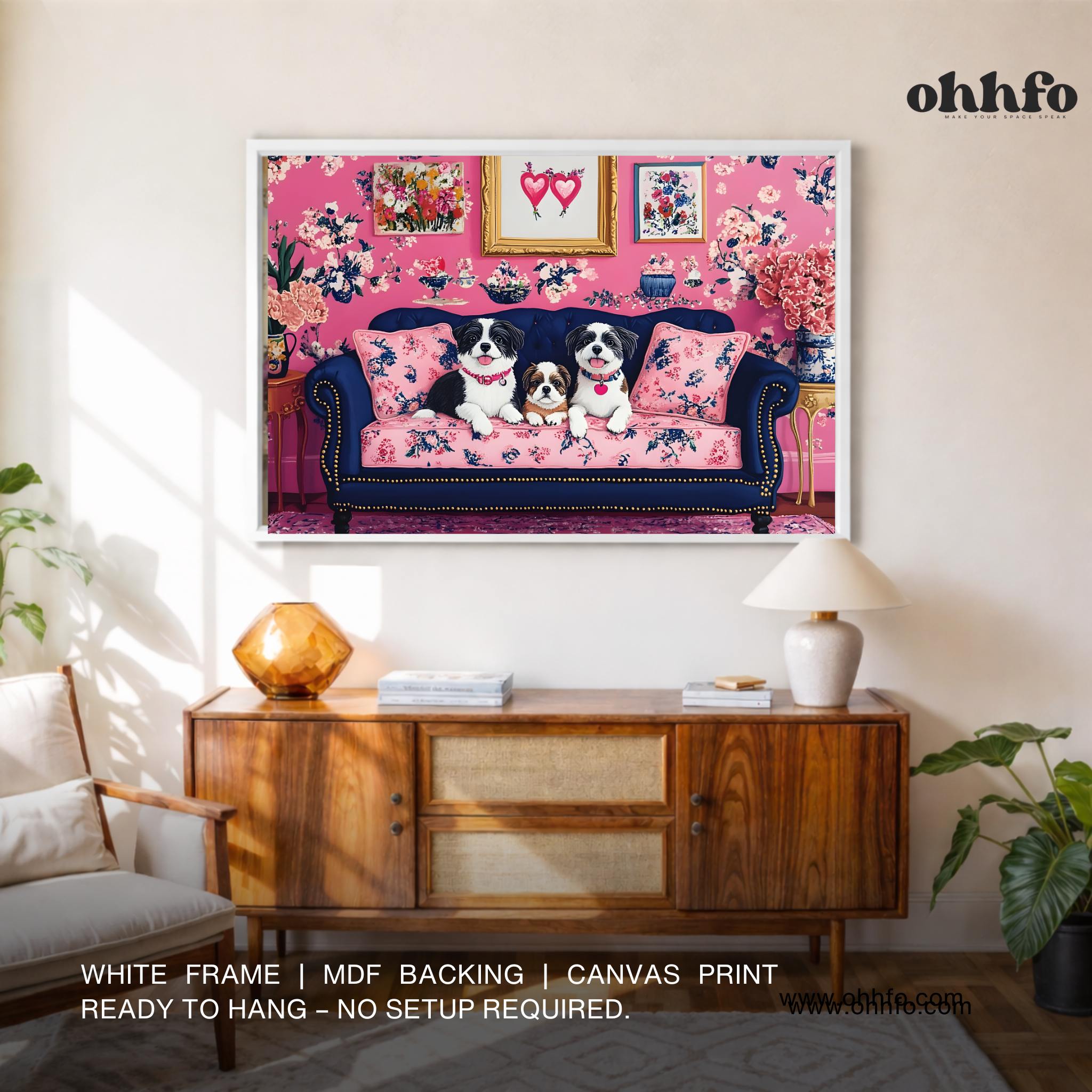 Cute Dogs on Floral Sofa Canvas Wall Art