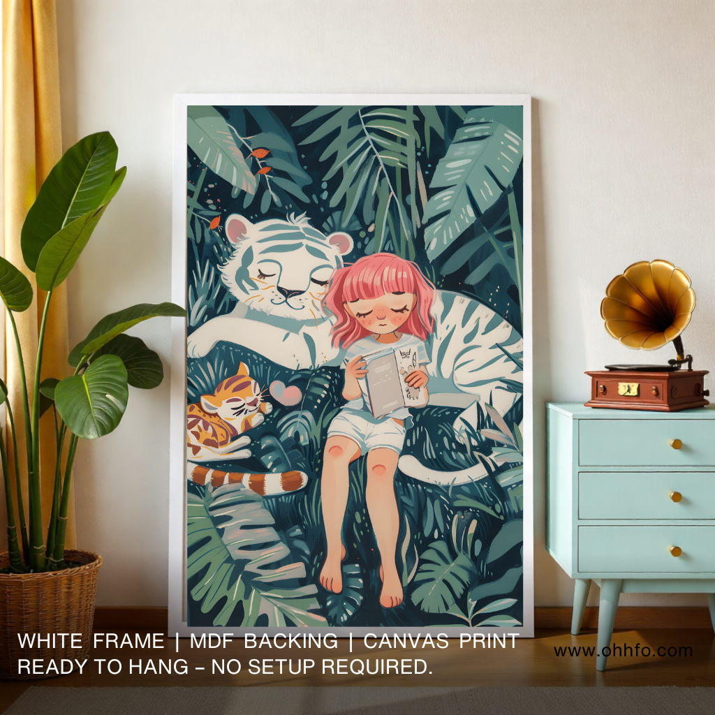 Cute Girl & White Tiger Nursery Canvas Wall Art