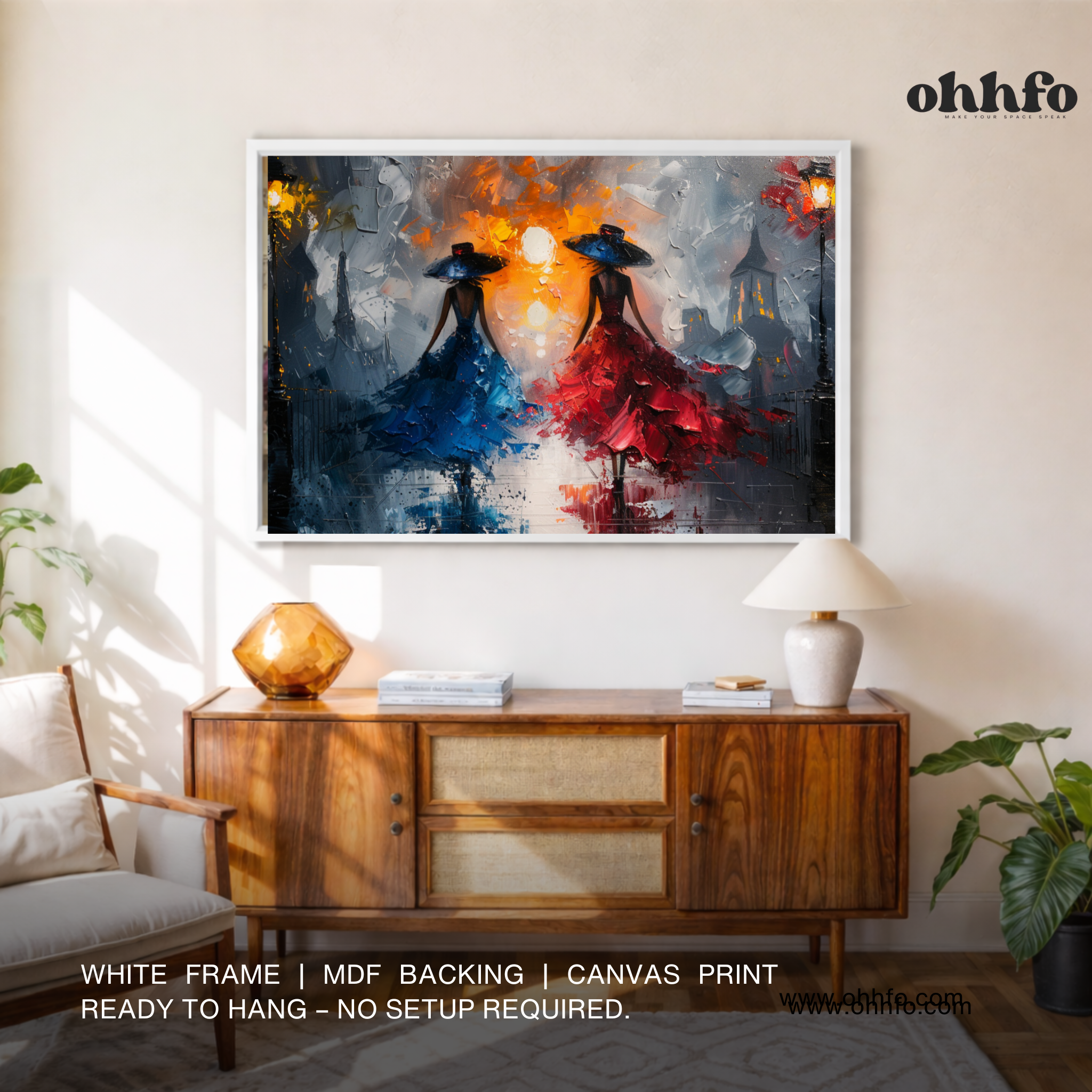 Midnight Elegance – Women in Red & Blue Dress Canvas Wall Art