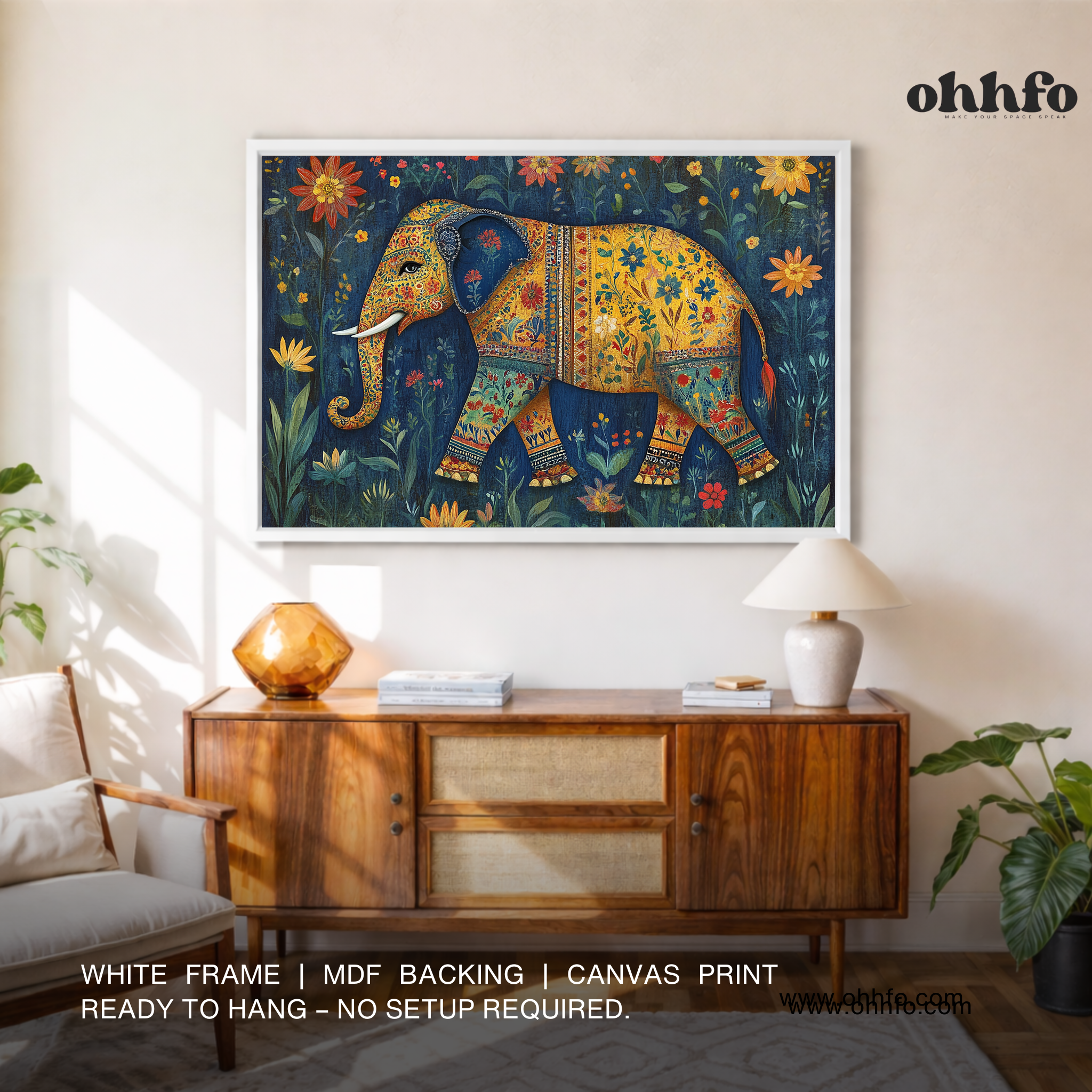 Floral Elephant Canvas Wall Art – Traditional Indian Folk Décor