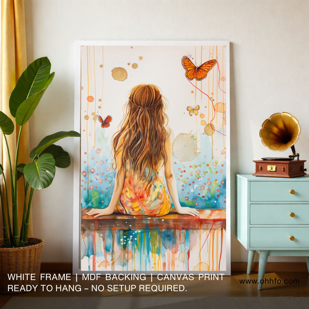 Girl Watching Butterfly Wall Art – Abstract Canvas Print for Calm & Whimsical Home Decor