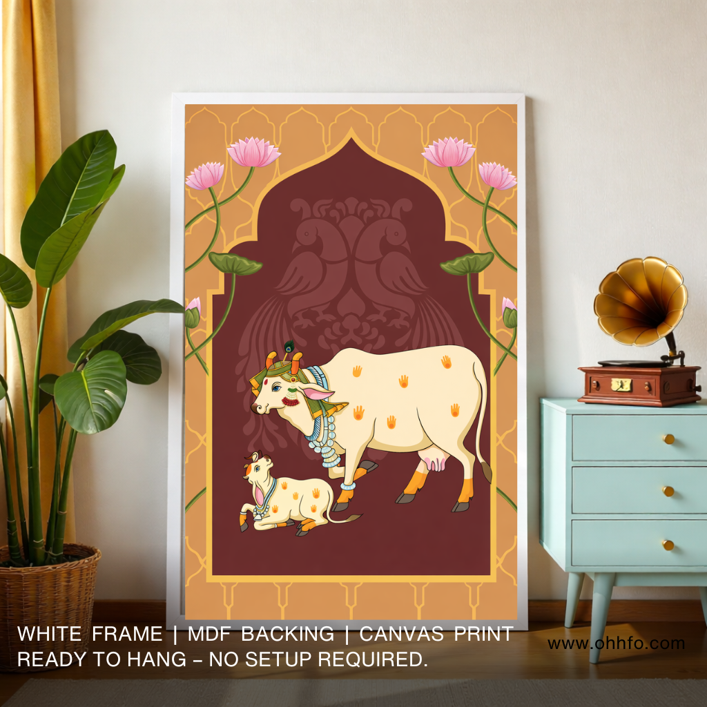 Sacred Cow & Calf Canvas Wall Art – Traditional Hindu Religious Decor