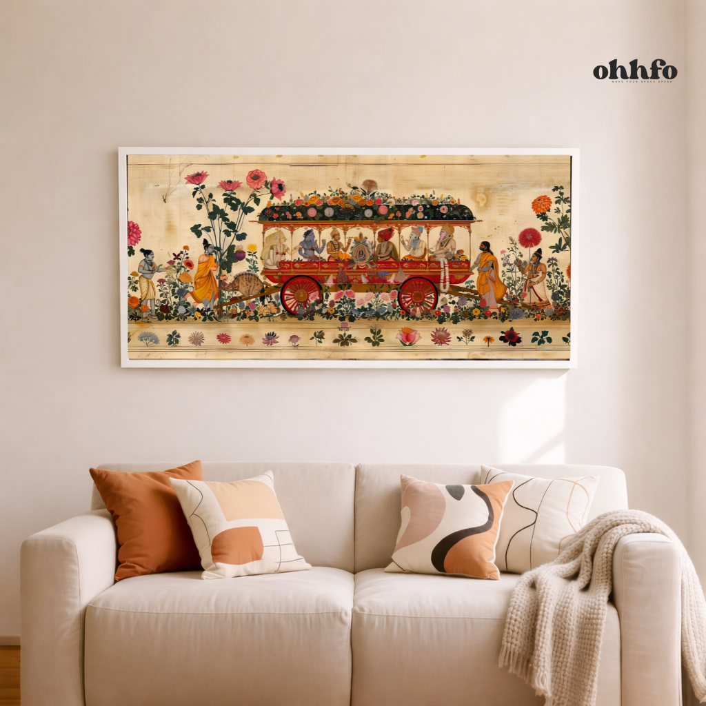Traditional Indian Rath Yatra Chariot Wall Art with Botanical Floral Border