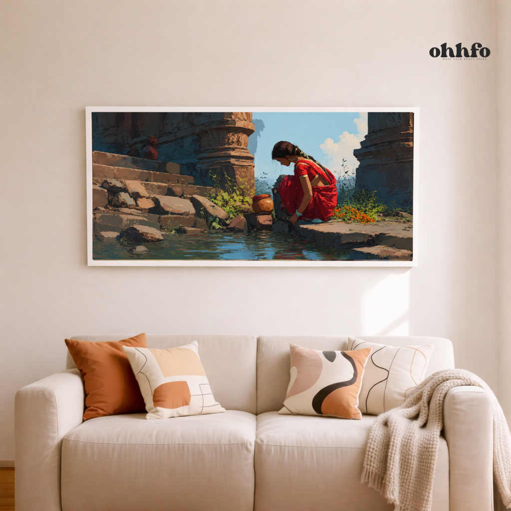 Indian Village Woman by Water Canvas Wall Art