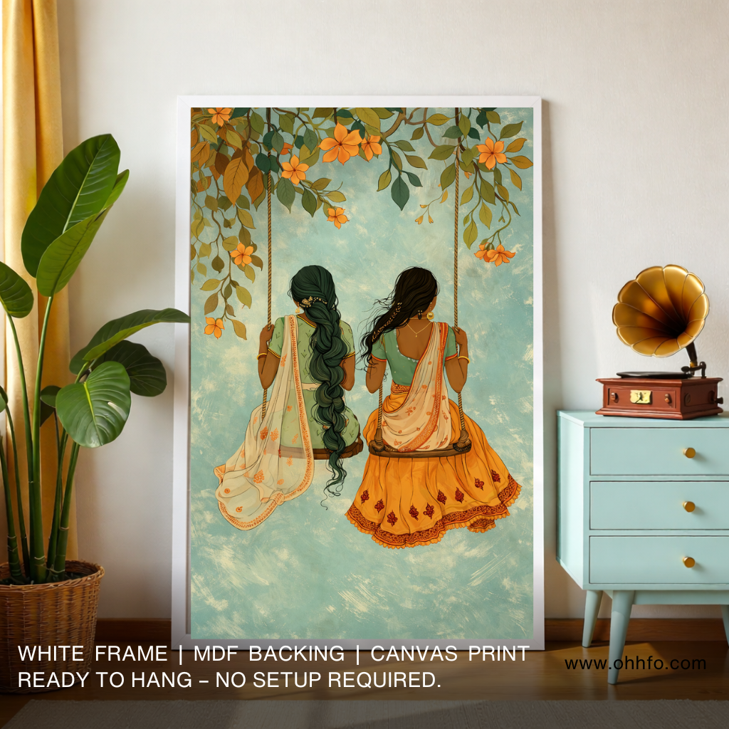 Golden Swing of Memories – Indian Women on Floral Jhula Canvas Wall Art