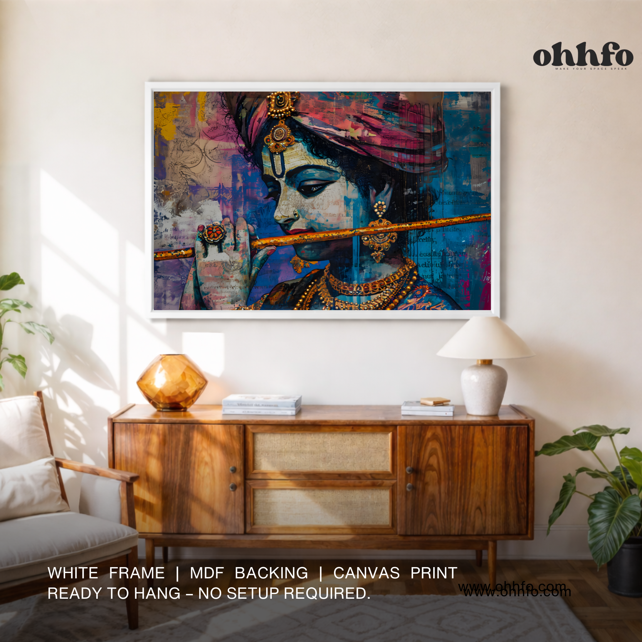 Framed Krishna Playing Bansuri Wall Art – Divine Indian Spiritual Decor