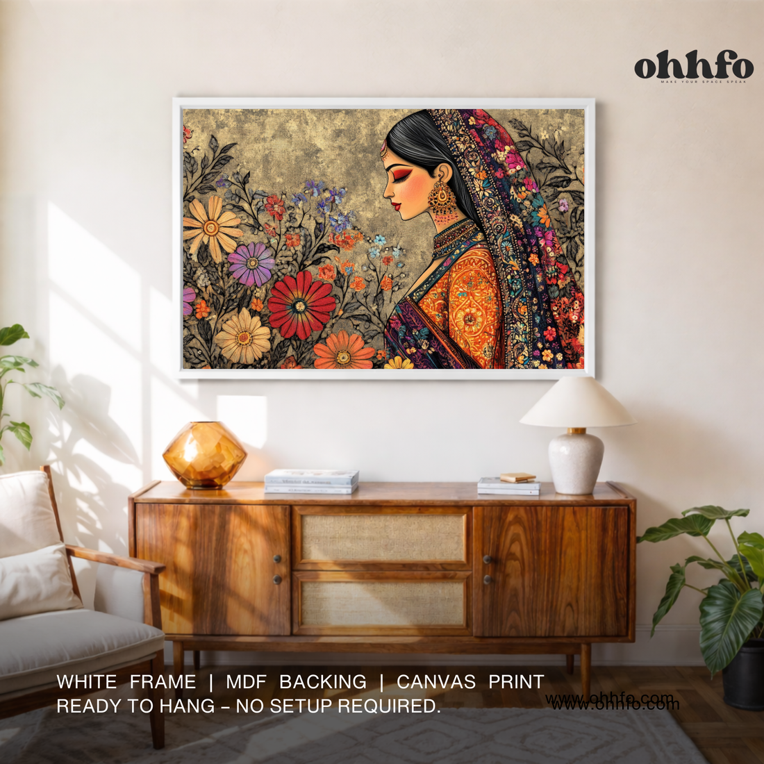 Traditional Indian Woman Canvas Wall Art – Madhubani Style Floral Décor