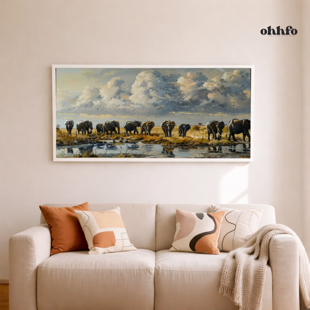 Majestic Elephant Herd at Watering Hole Wall Art