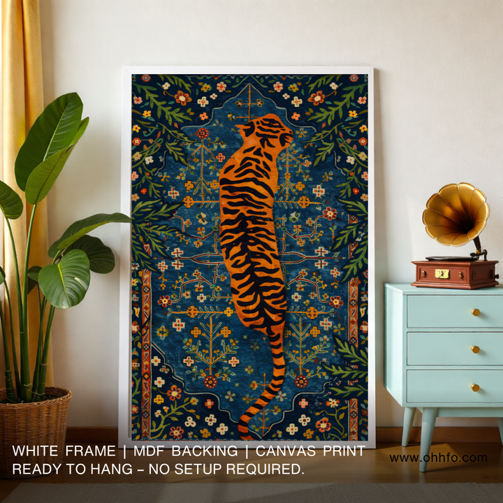 Majestic Tiger Folk Art Canvas Wall Art with Floral Pattern