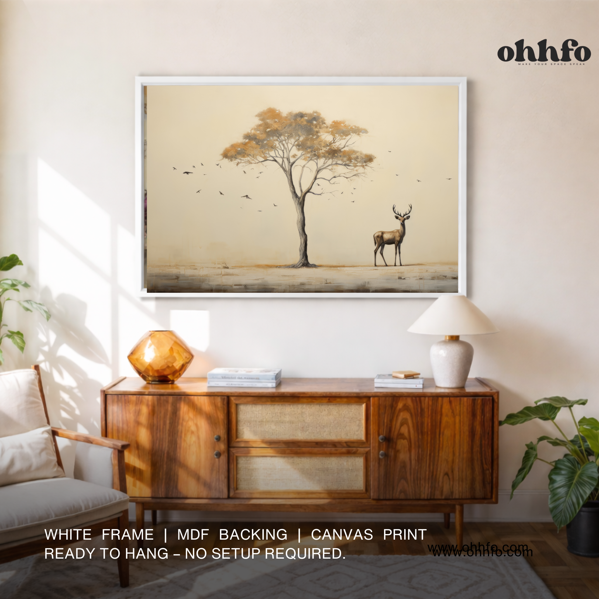 Minimalist Deer Under Tree Canvas Wall Art
