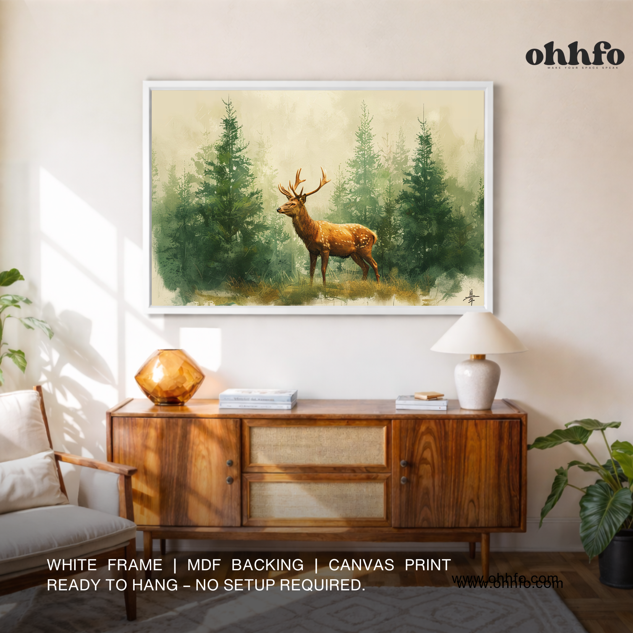 Misty Forest Deer Wall Art – Watercolor Wildlife Canvas Painting