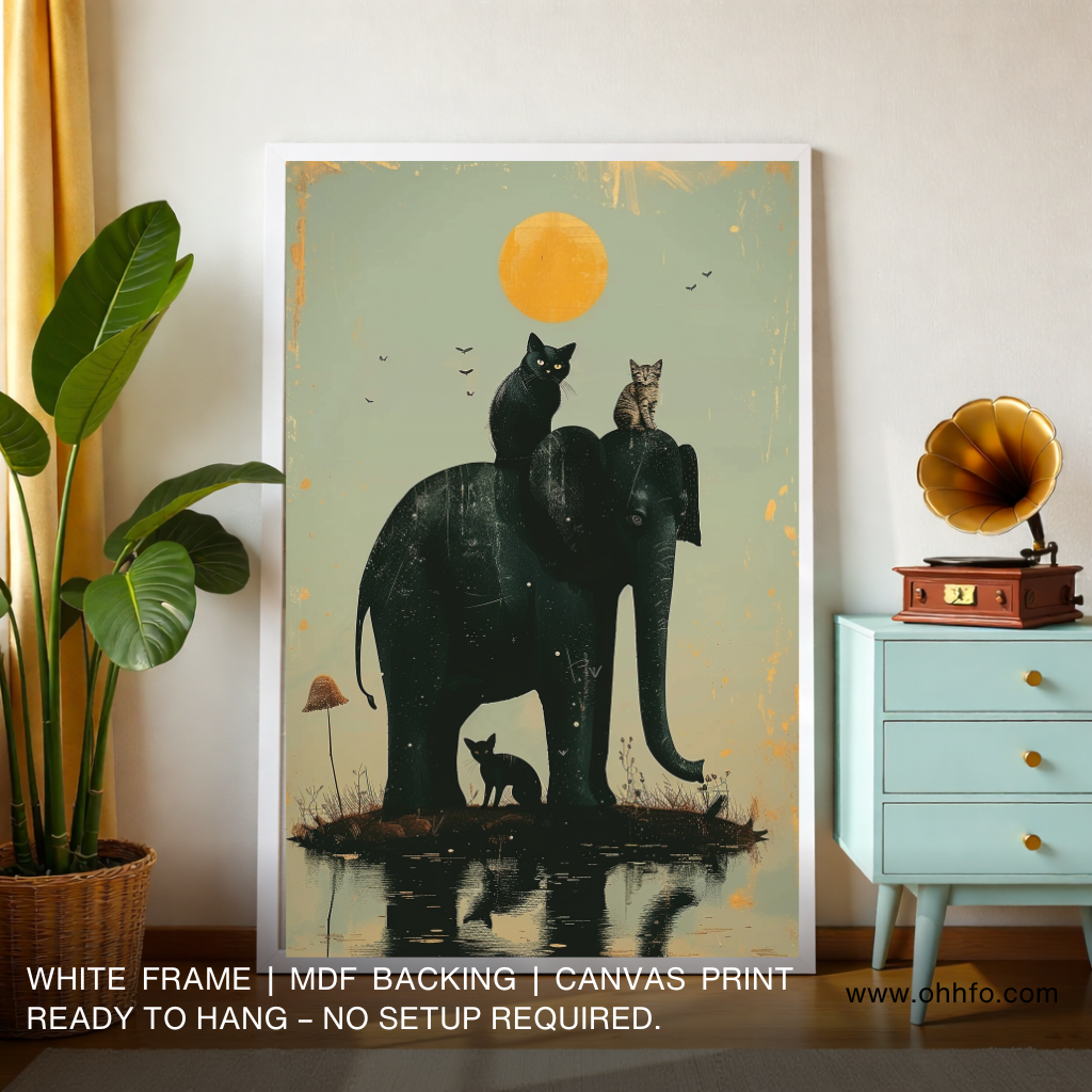 Elephant and Cats Canvas Wall Art– Moonlight Animal Painting