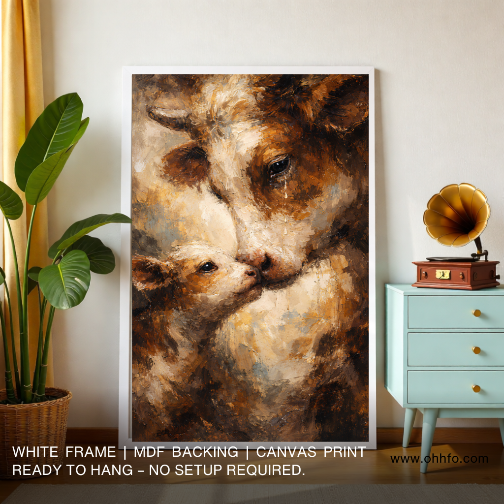 Mother Cow and Calf Emotional Canvas Wall Art