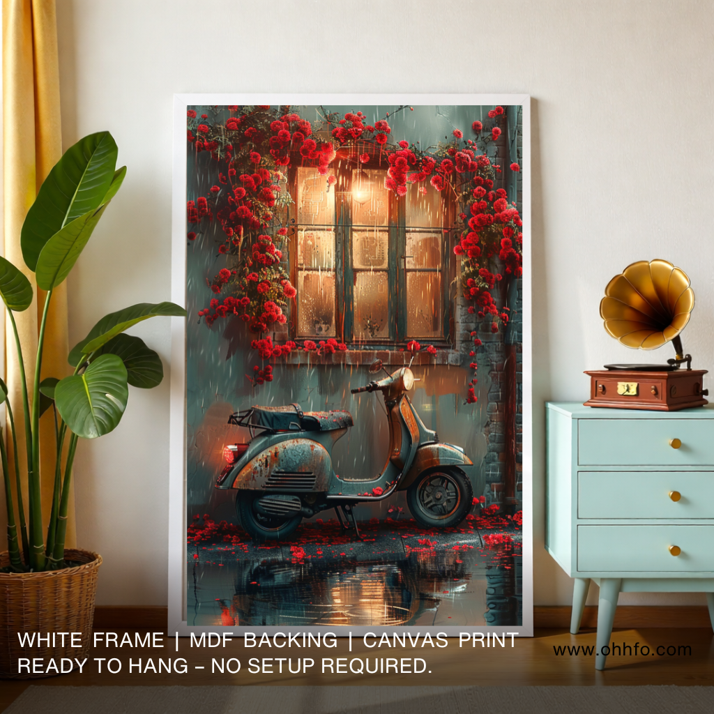 Romantic Scooter by Window Canvas Wall Art