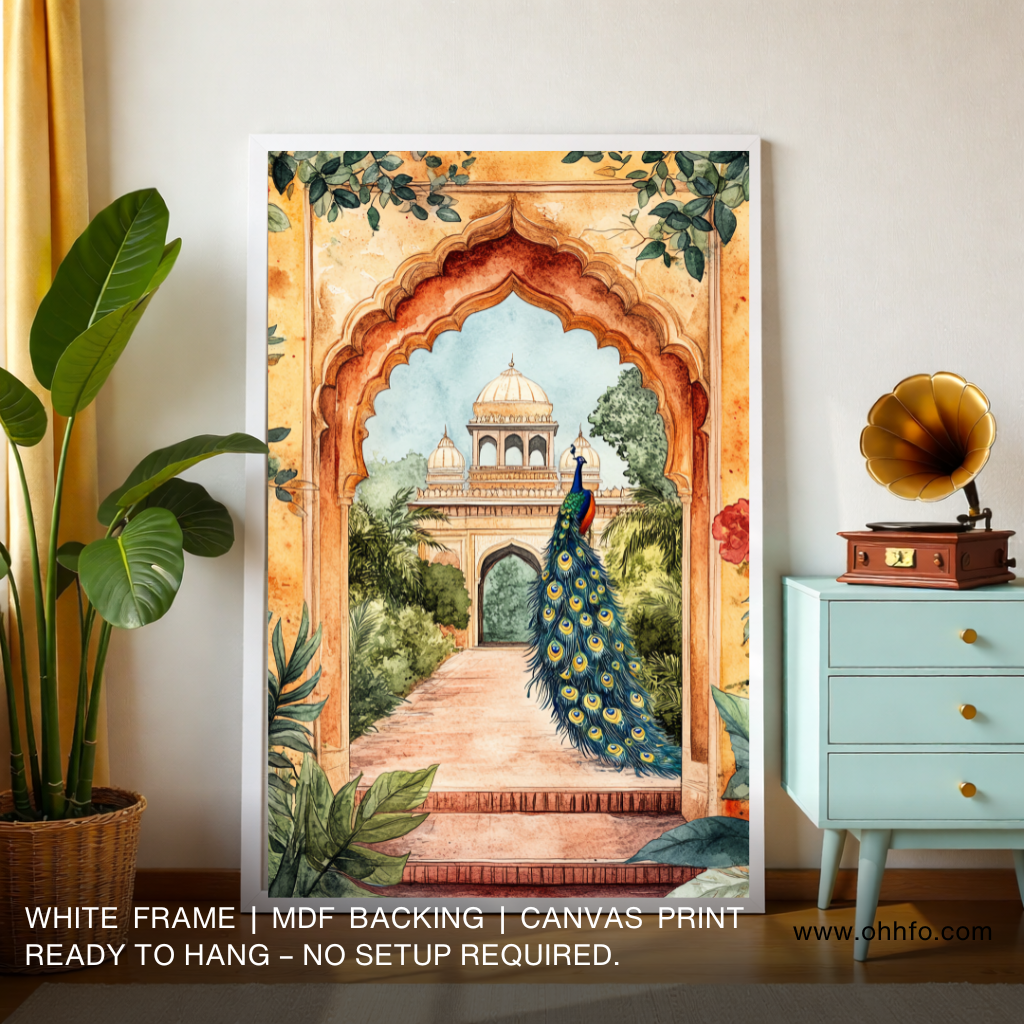 Peacock in Mughal Garden Arch Canvas Wall Art