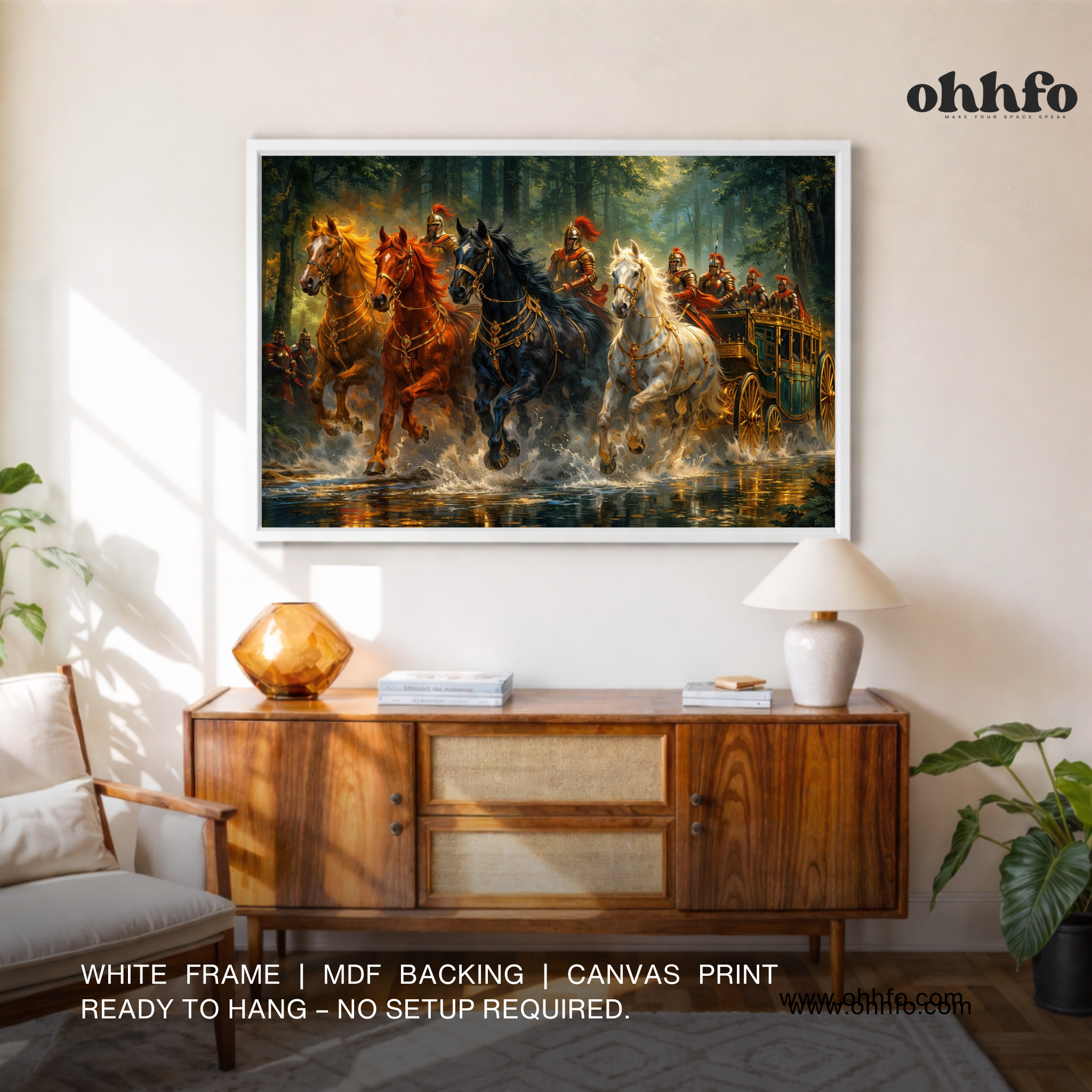 Royal Warrior Chariot Wall Art – Majestic Horses Canvas Painting
