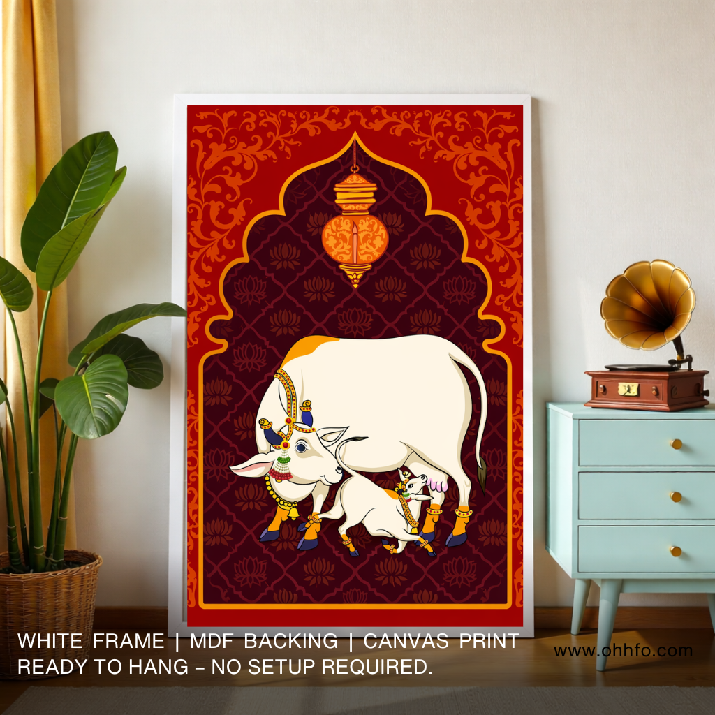 Sacred Cow and Calf Canvas Wall Art – Traditional Hindu Religious Decor