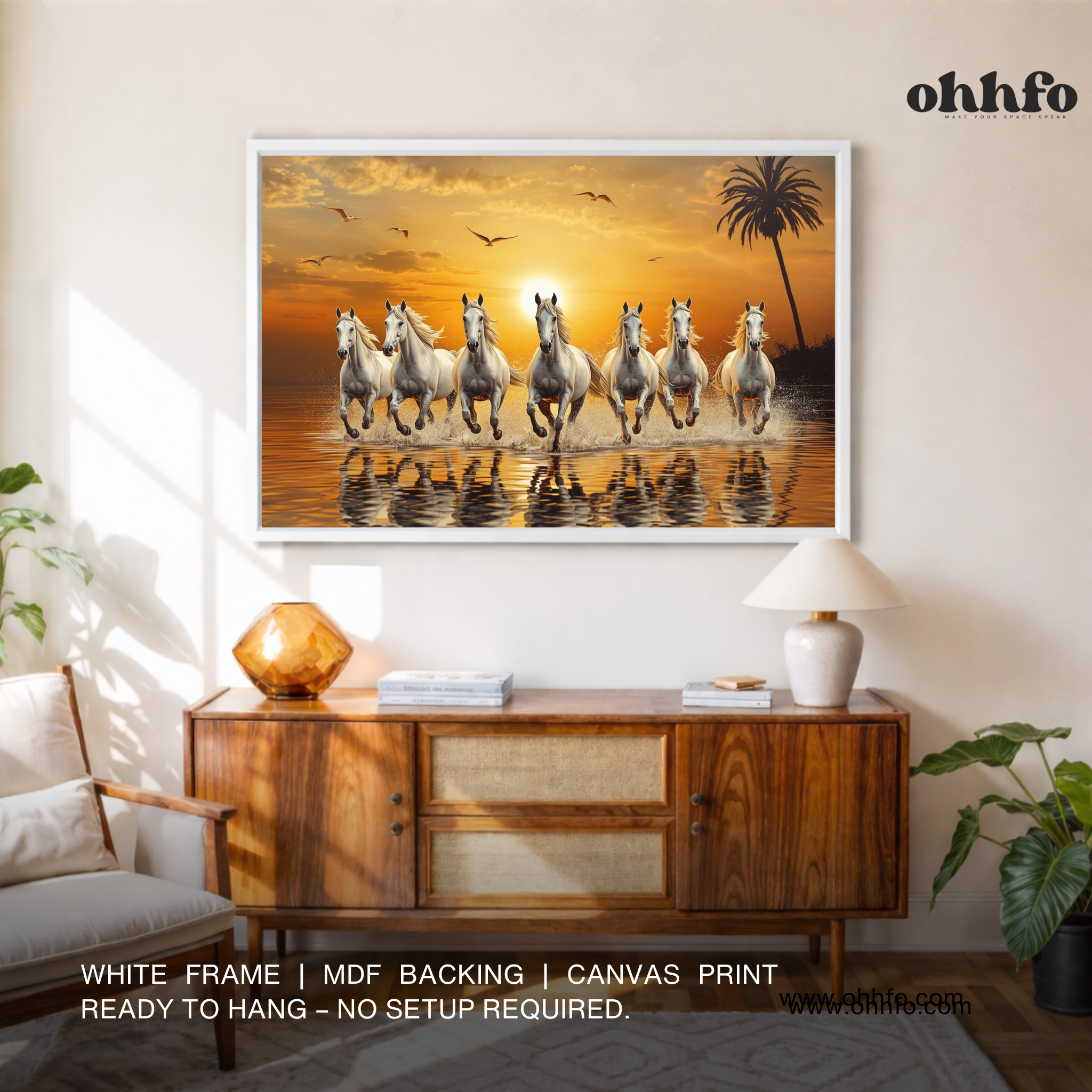 Seven Running Horses Canvas Wall Art - Vastu-Inspired Sunset Painting for Home & Office Decor