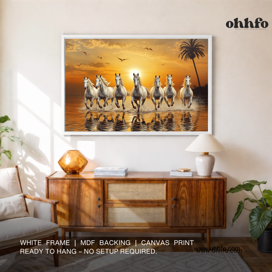 Seven Running Horses Canvas Wall Art - Vastu-Inspired Sunset Painting for Home & Office Decor