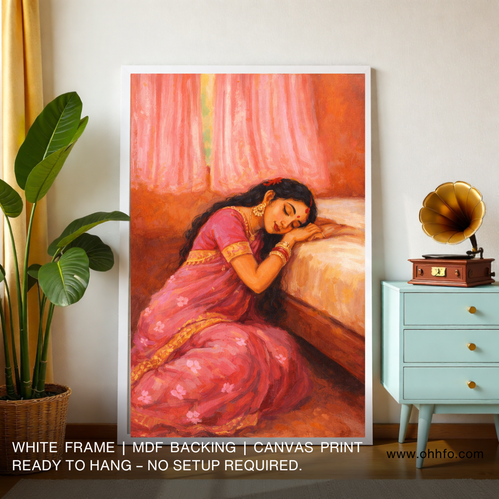 Serene Sleeping Woman in Pink Saree – Traditional Indian Emotional Wall Art
