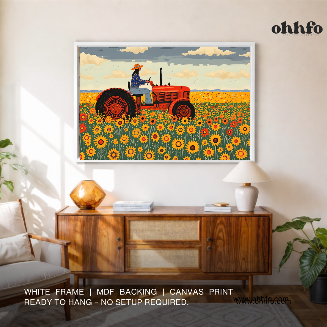 Sunflower Field Tractor Folk Art Canvas Wall Art