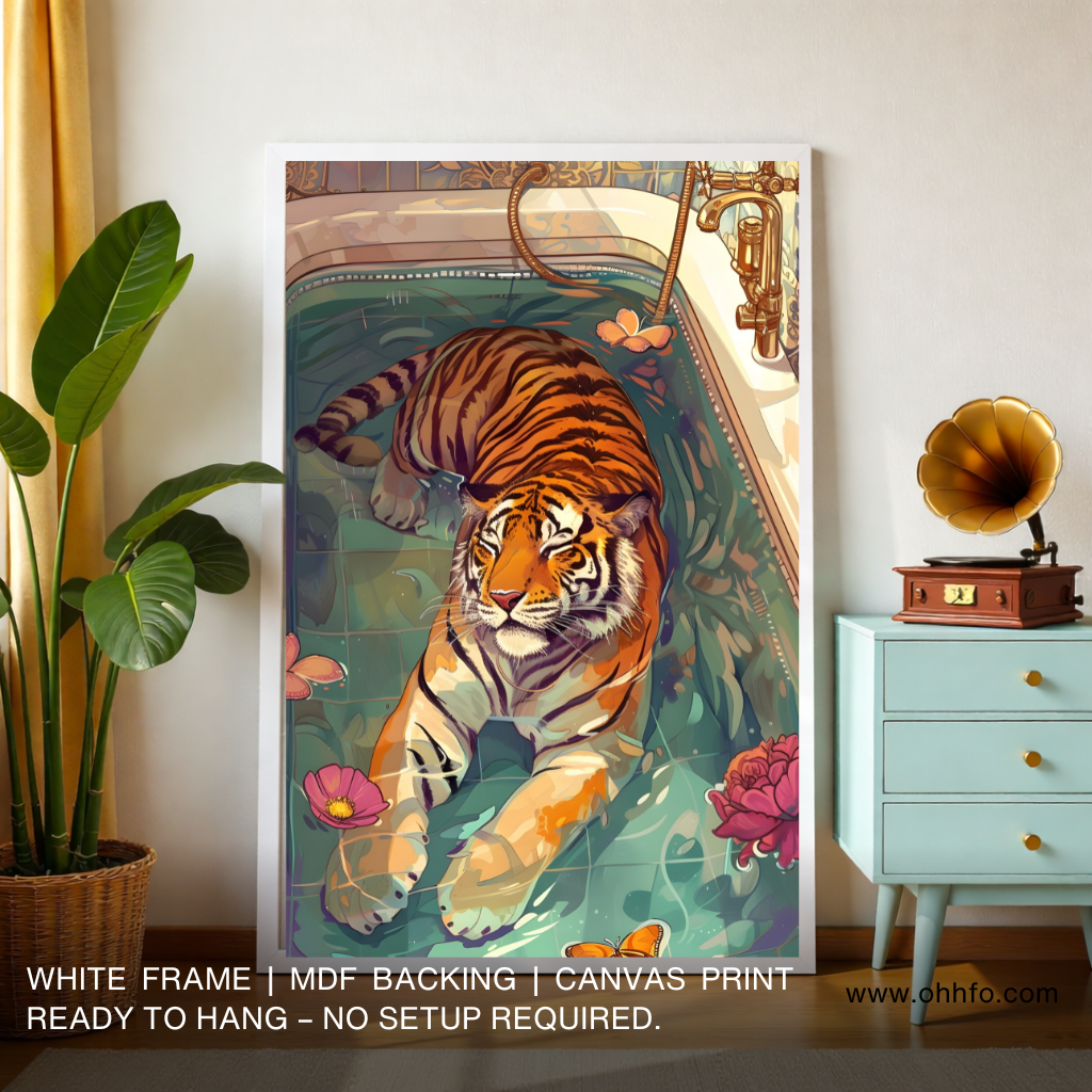 Relaxed Majesty – Illustrated Tiger in Bathtub Wall Art