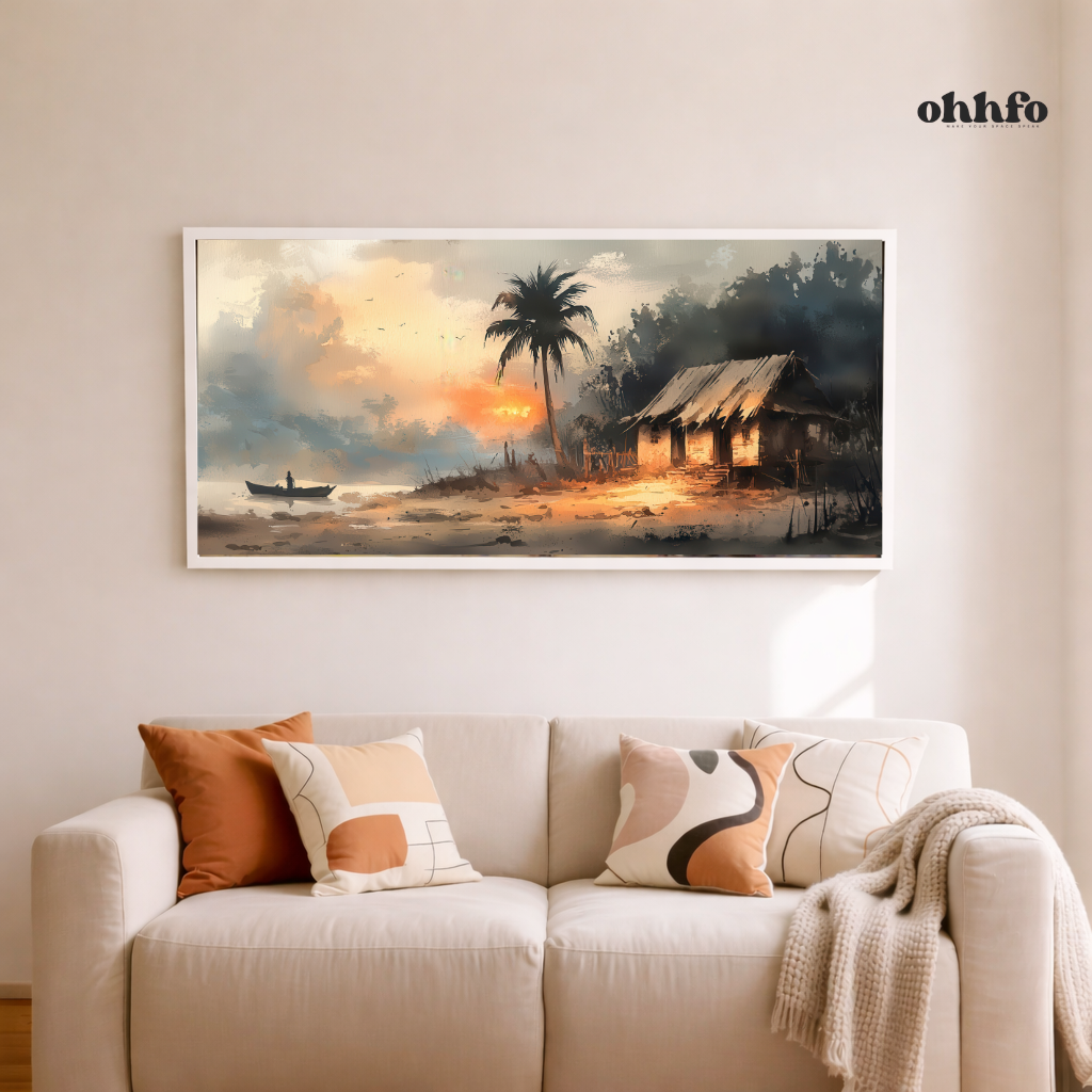 Tranquil Riverside Hut Sunset Wall Art