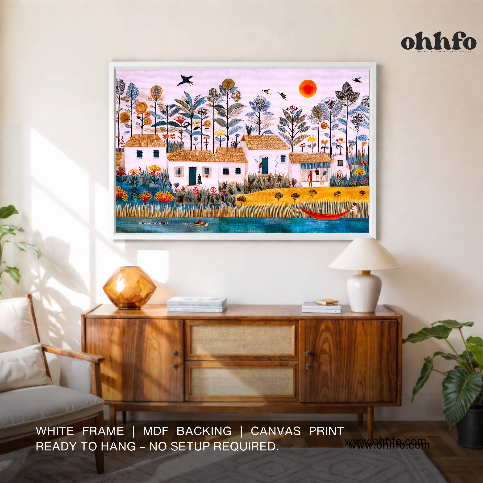 Tropical Village Life – Folk Art Canvas Wall Art