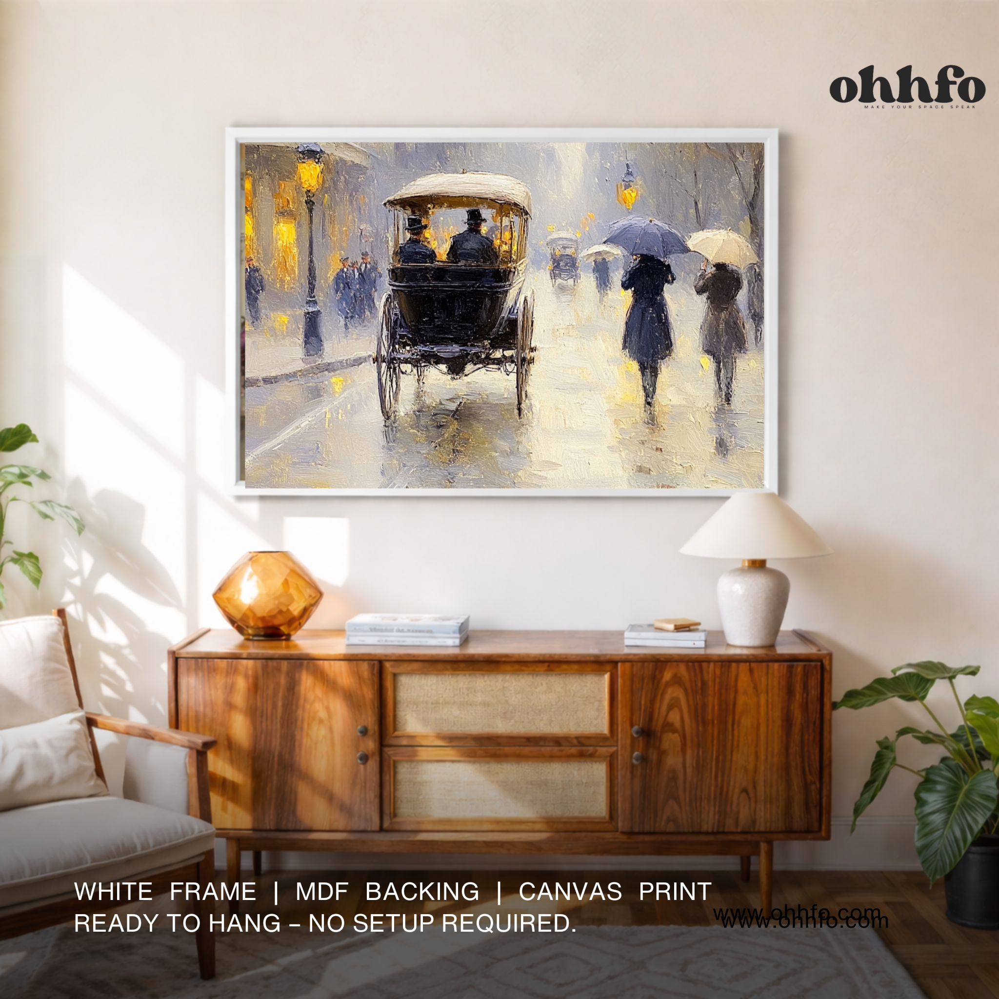 Vintage Rainy Street Carriage Canvas Wall Art – Classic European Evening Scene Painting