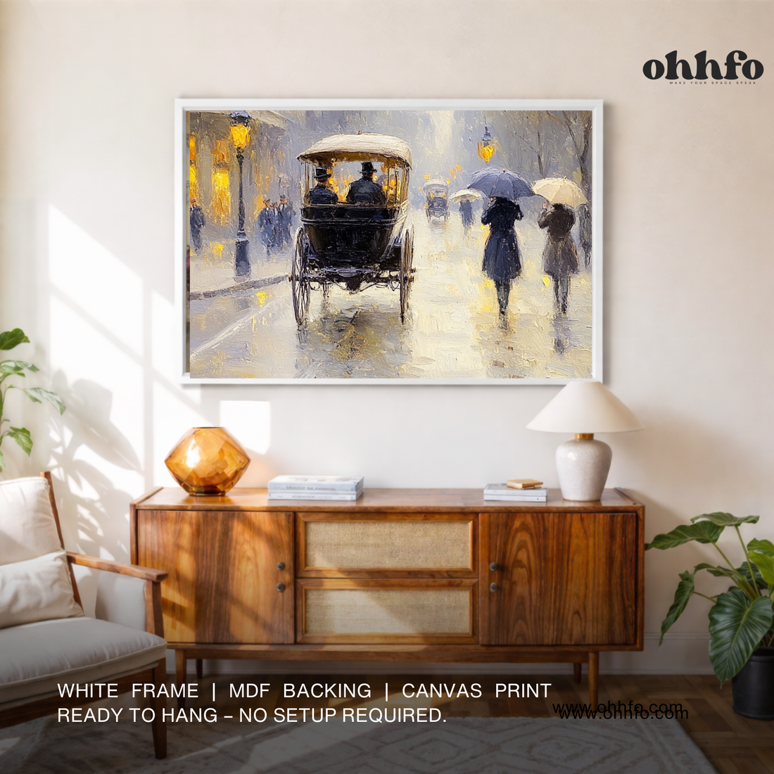Vintage Rainy Street Carriage Canvas Wall Art – Classic European Evening Scene Painting