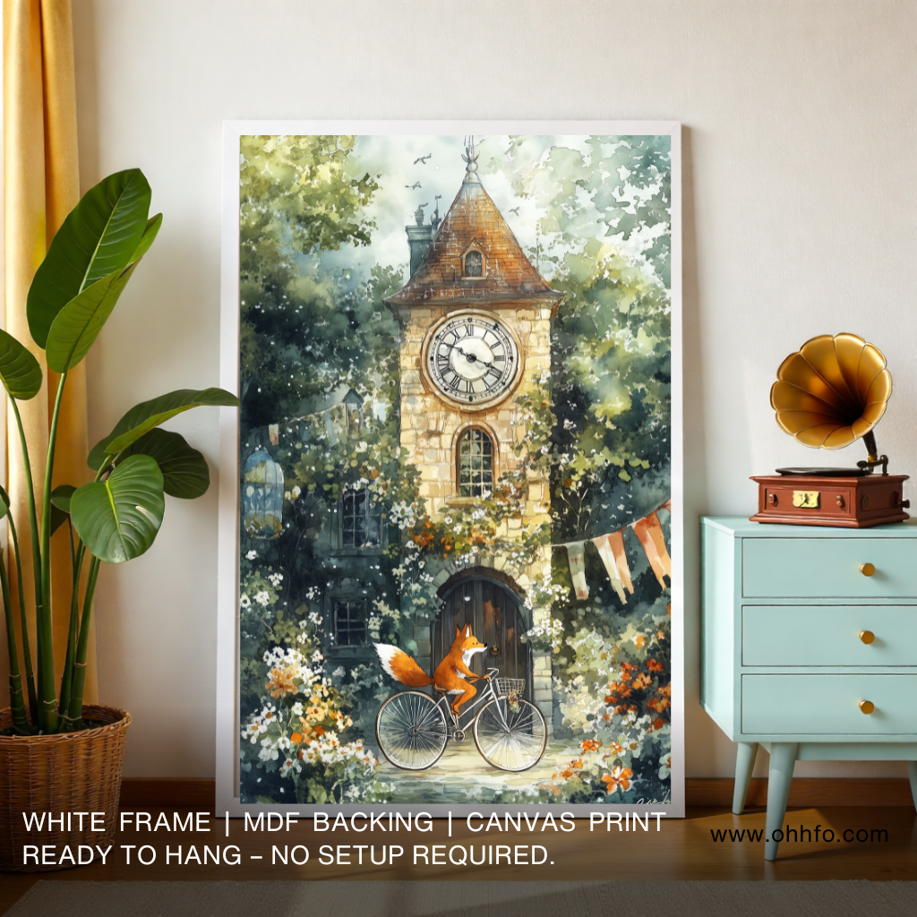 Whimsical Fox Clock Tower Canvas Wall Art