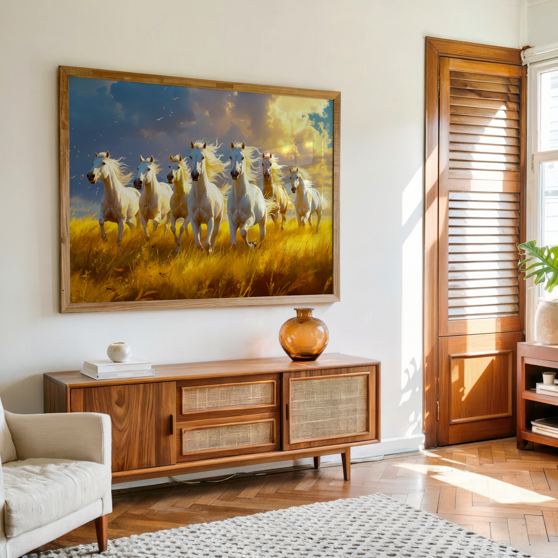 Wild white horses galloping in golden meadow under sunset sky, nature-inspired canvas wall décor.