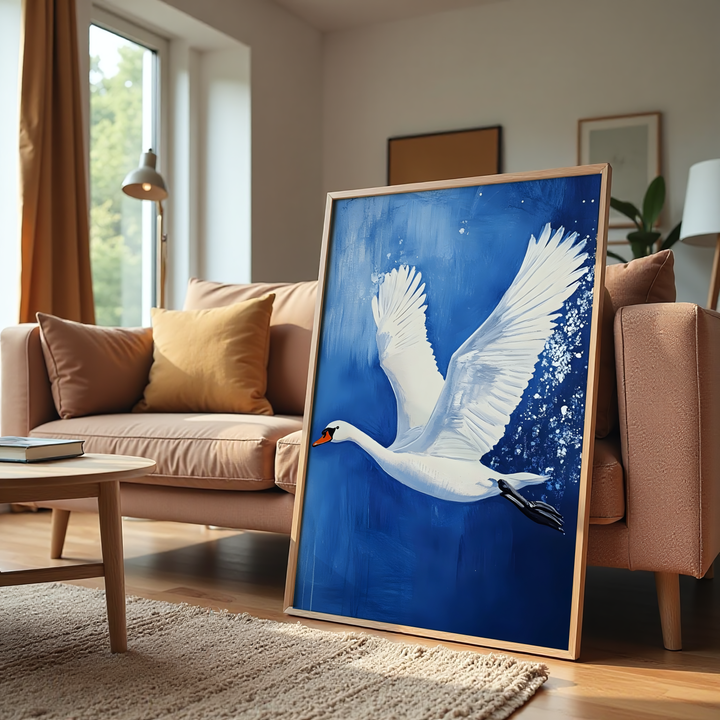 White swan flying gracefully in abstract blue background wall art