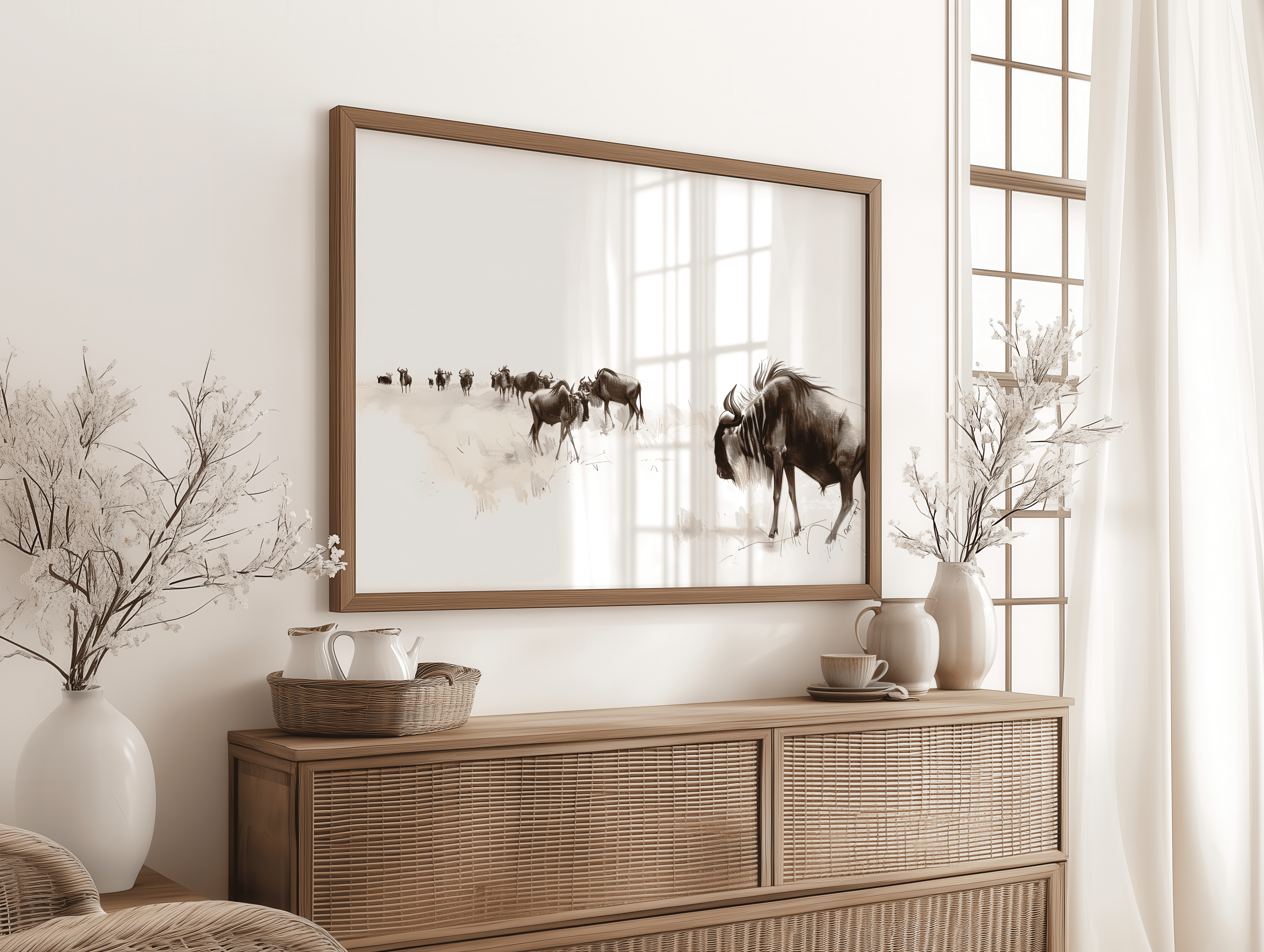 Monochrome animal canvas art showing a wildebeest herd in nature