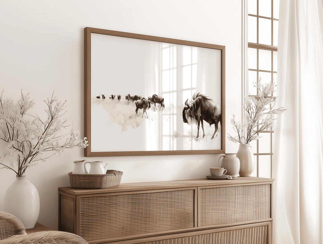 Monochrome animal canvas art showing a wildebeest herd in nature