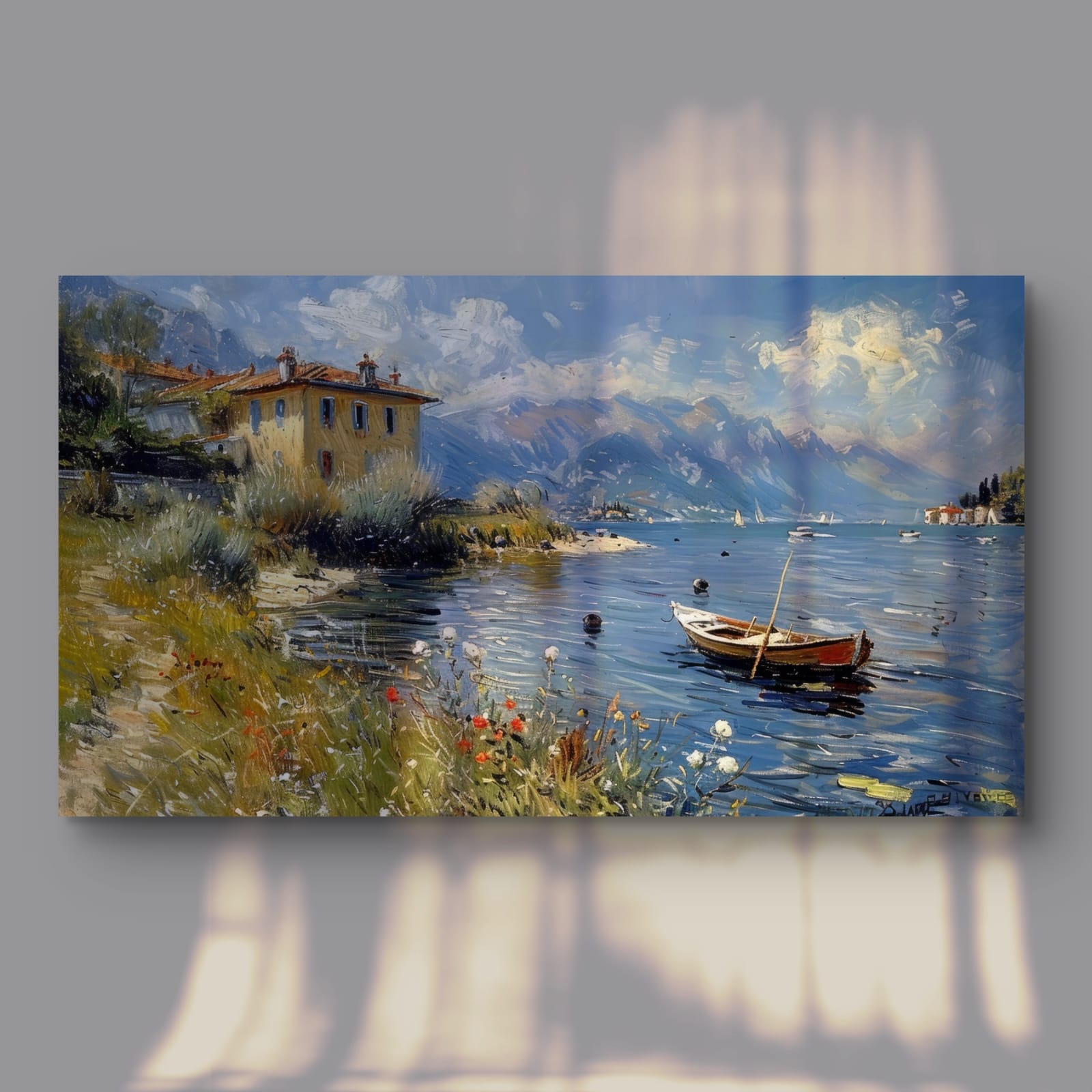 Painting of a serene lakeside scene with a house, boat, and mountains.