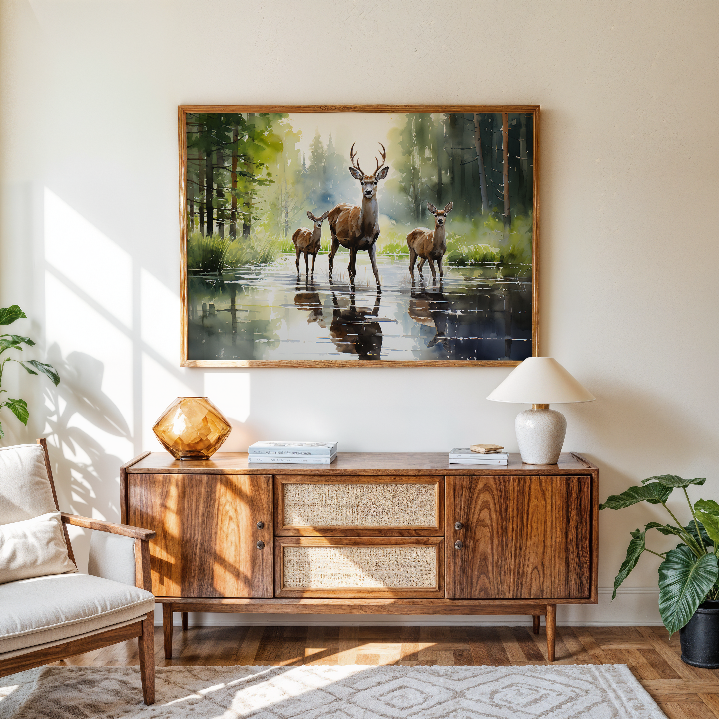 Deer family canvas print with forest and water reflections