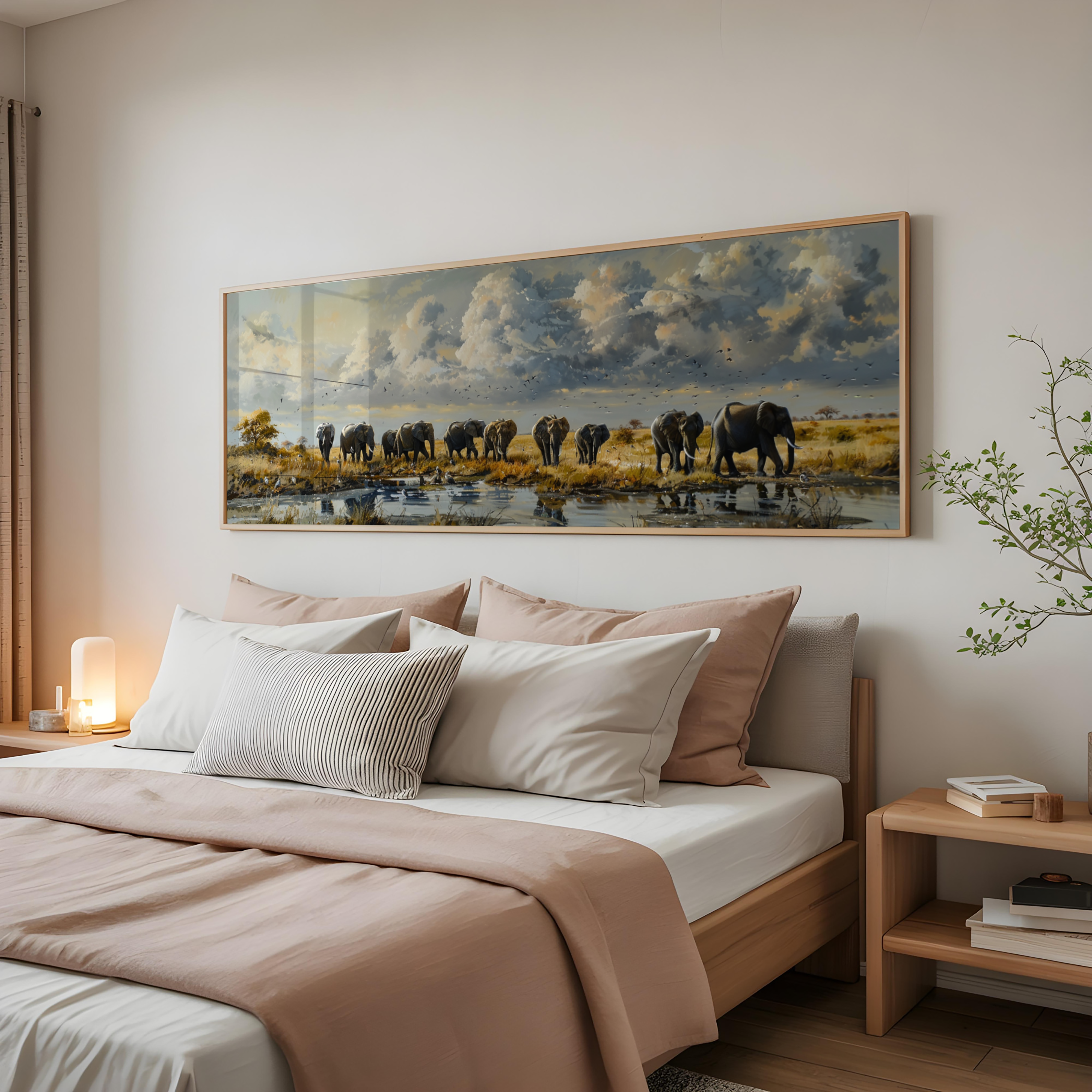 Panoramic wildlife wall art featuring elephants in natural habitat