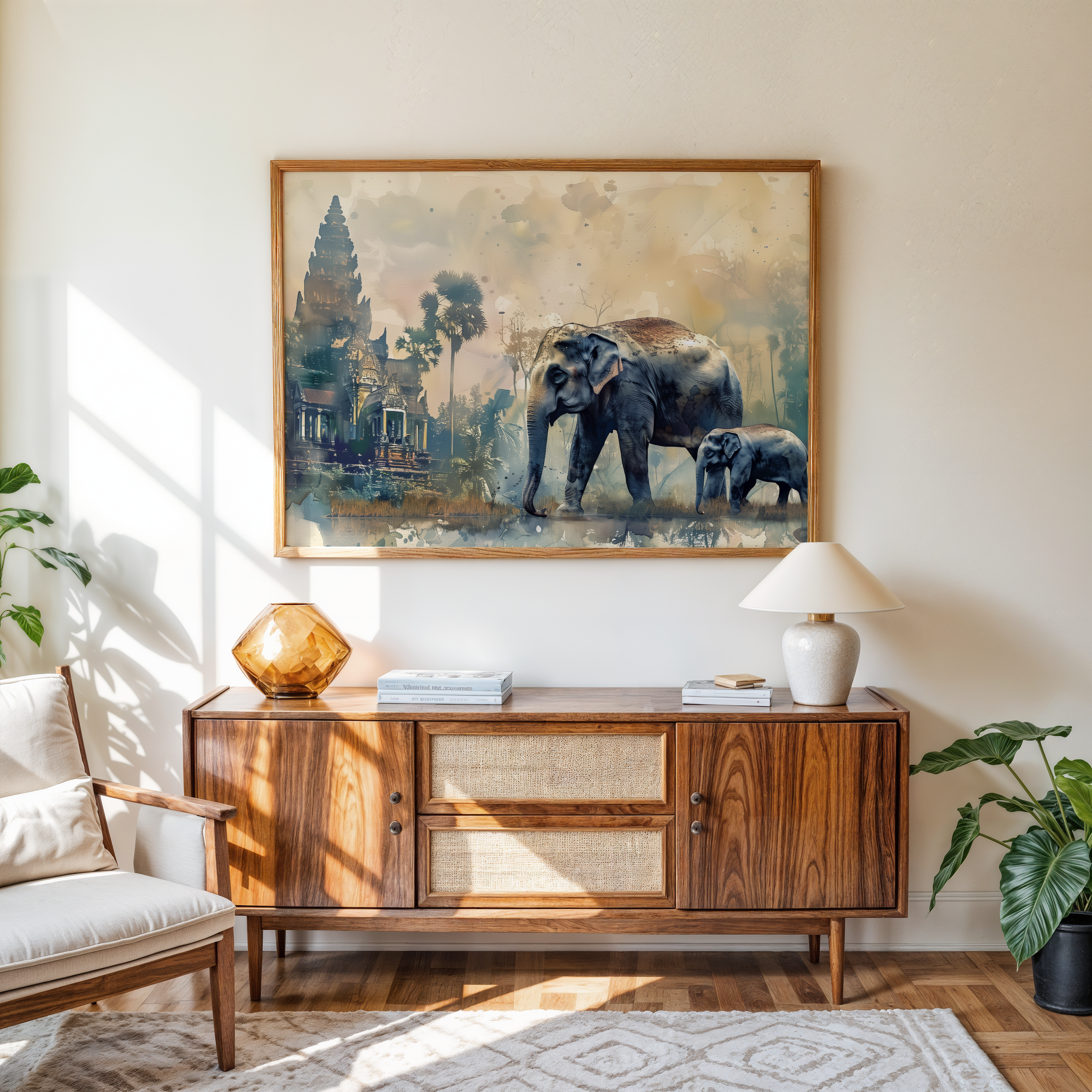Wildlife elephant watercolor canvas art for peaceful home interiors