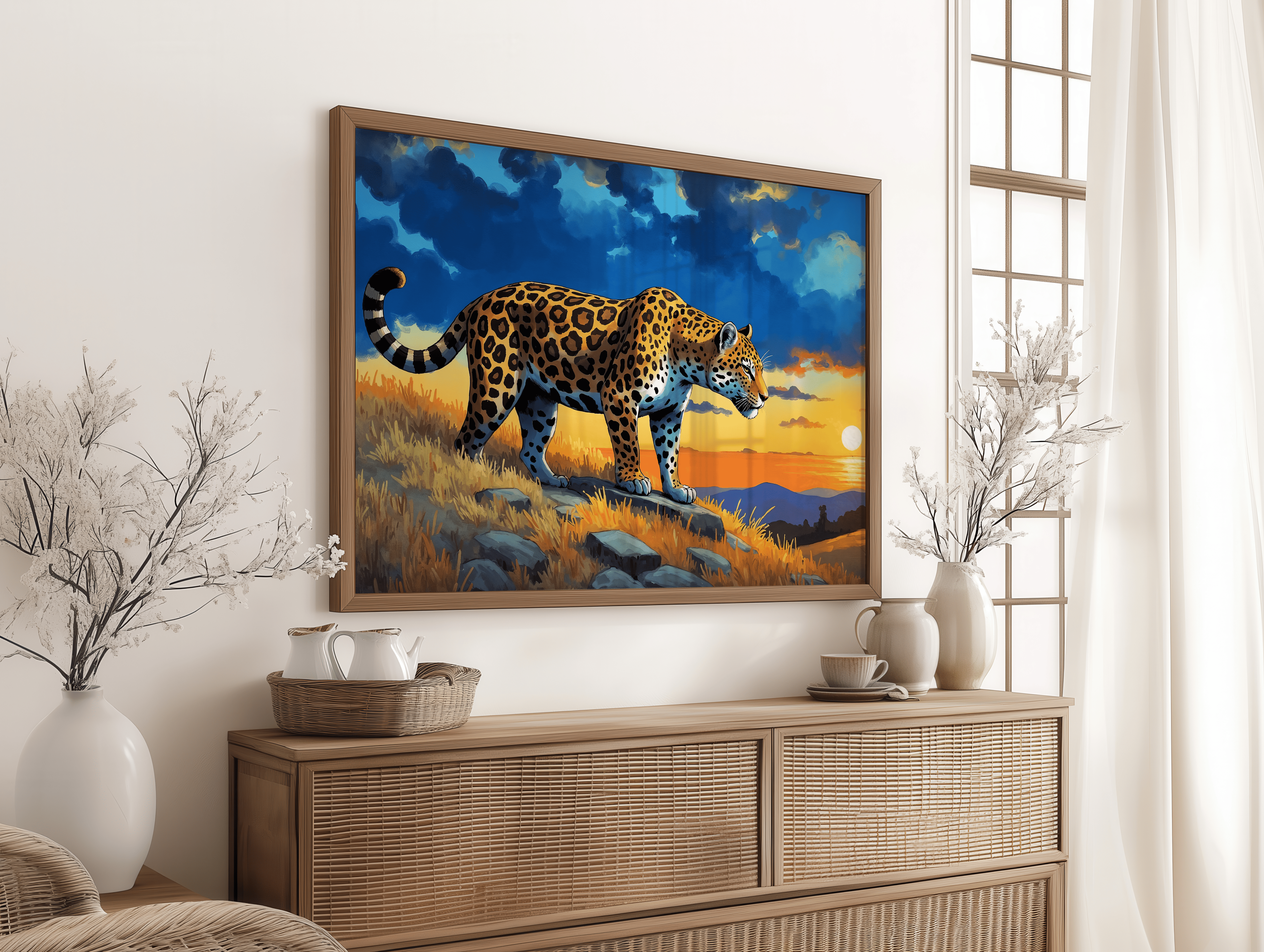 Wildlife-inspired jaguar sunset artwork on premium canvas print.