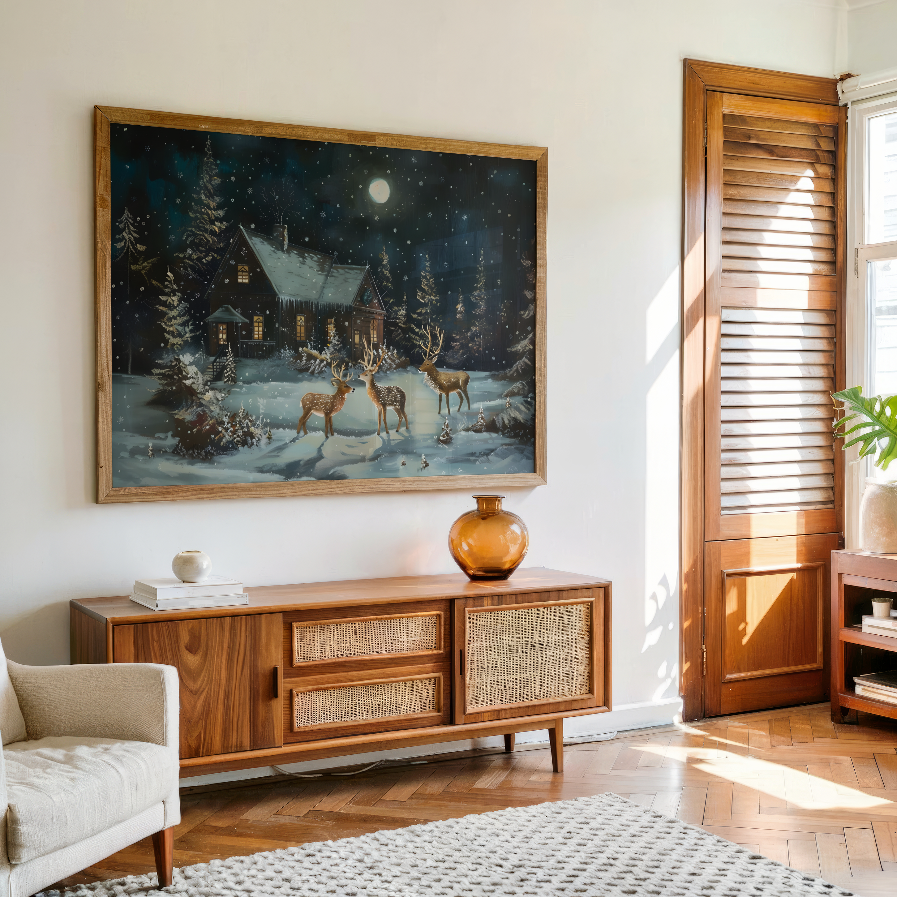 Winter cabin deer wall art canvas print with moonlight snowfall and pine trees