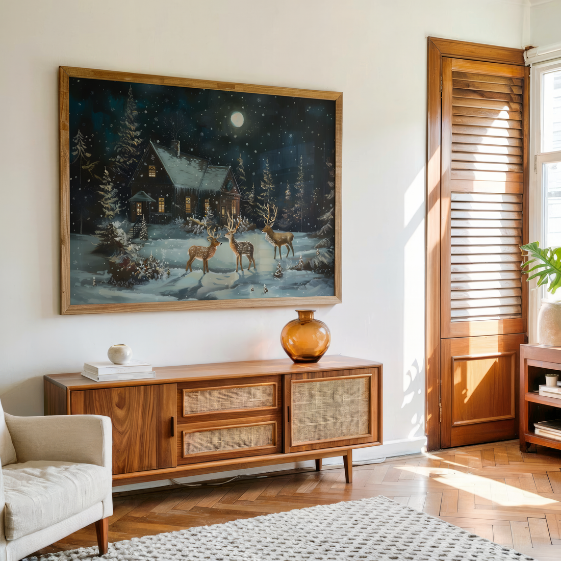 Winter cabin deer wall art canvas print with moonlight snowfall and pine trees